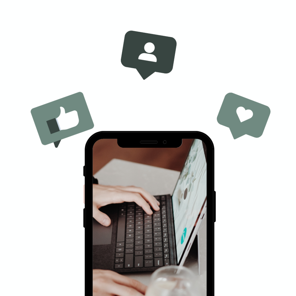 _Social Media Tips Image of a cell phone with a mockup of someone editing social media posts. Above the phone are some message bubbles with social media icons and actions.